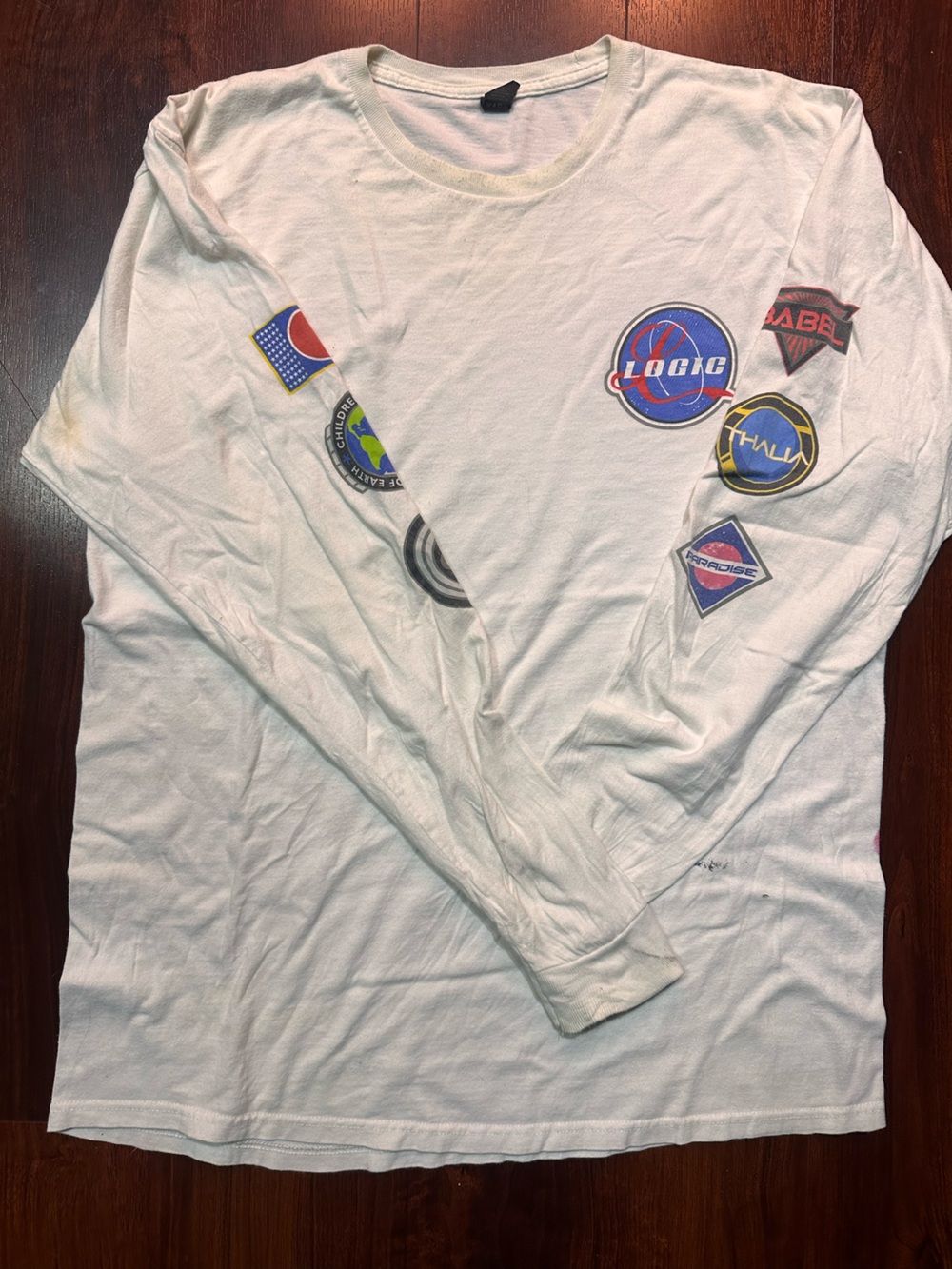 Logic the Rapper White Graphic Tee with Colorful Space Patches